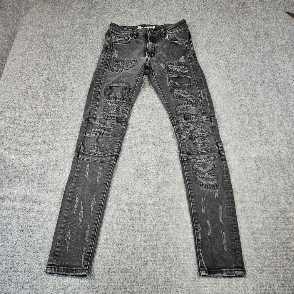 Crysp Denim Men 28 Black Distressed Moto Biker Skinny Jeans Ripped Panel Details